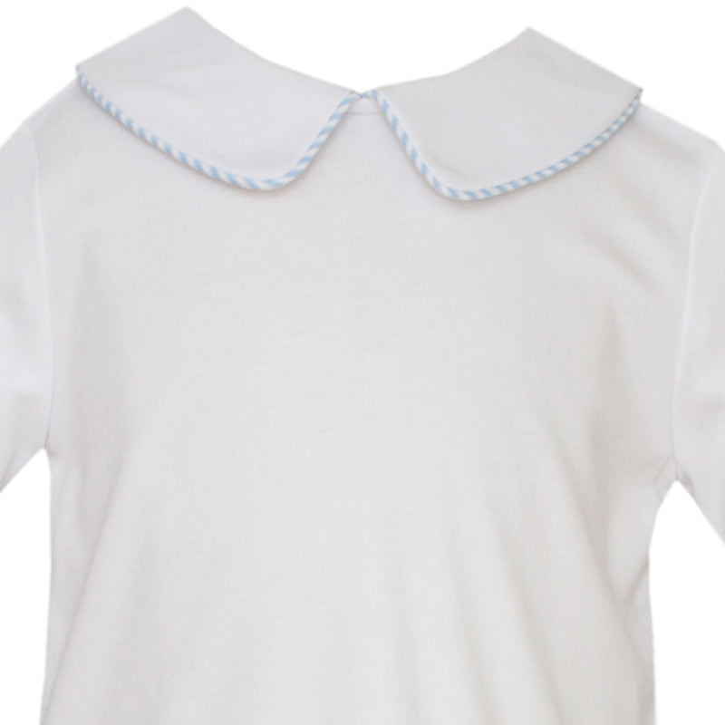 White Knit Shirt w/ Light Blue Stripe Piped Collar
