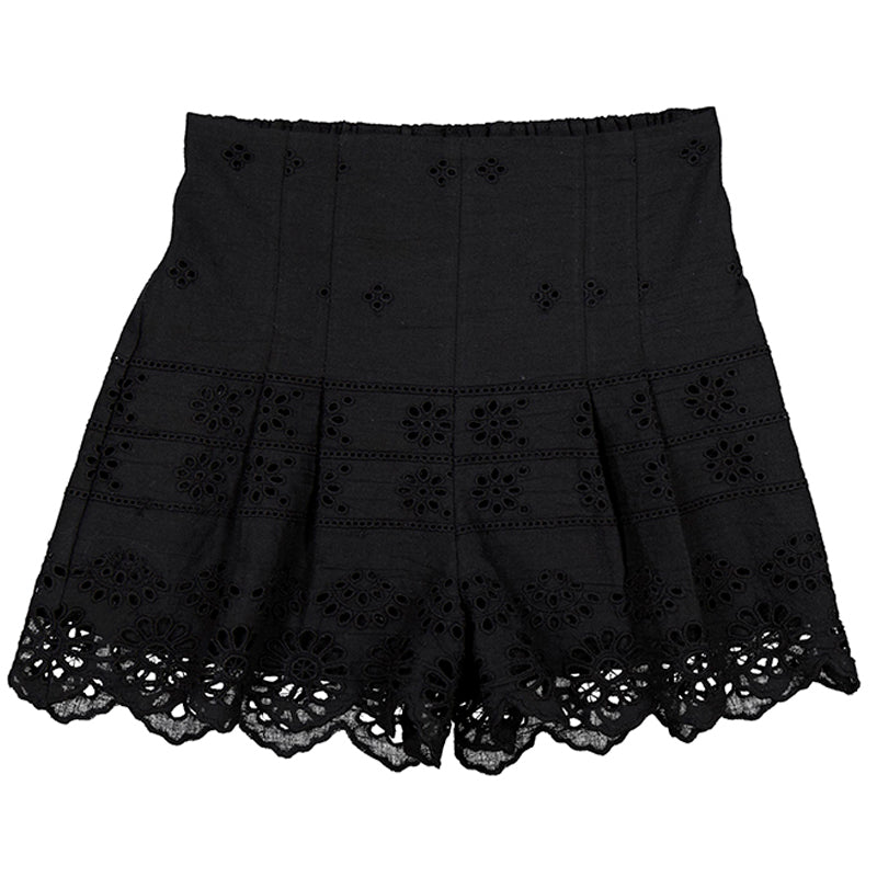 Black Eyelet Motif Cotton Shorts