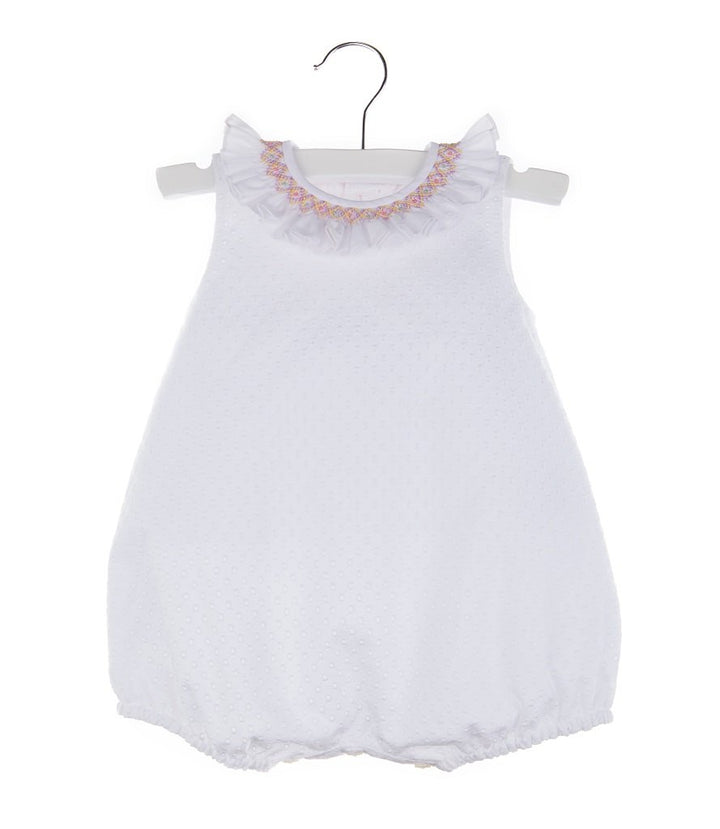 Eyelet Bubble in White With Smocked Collar
