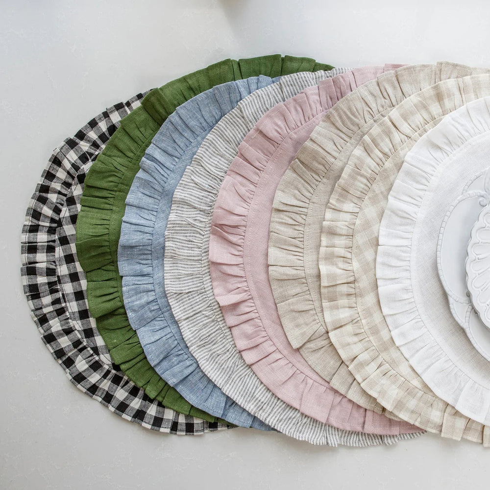 Blue Chambray Round Linen Ruffle Placemat