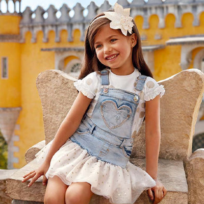Denim Coverall Dress With Gold Tulle Skirt