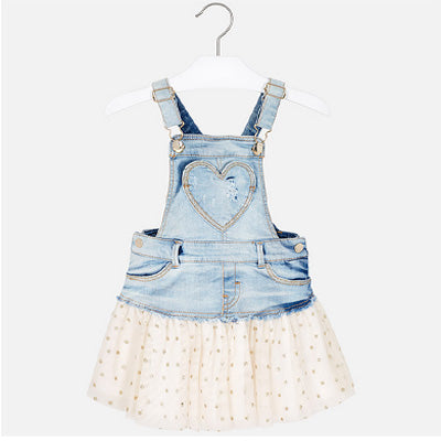 Denim Coverall Dress With Gold Tulle Skirt