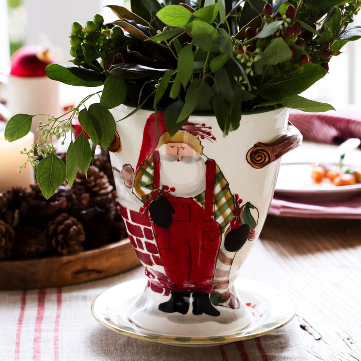 Old St. Nick Footed Urn with Chimney & Stockings