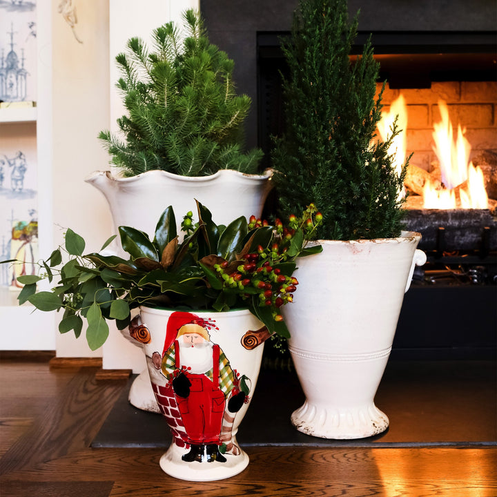 Old St. Nick Footed Urn with Chimney & Stockings