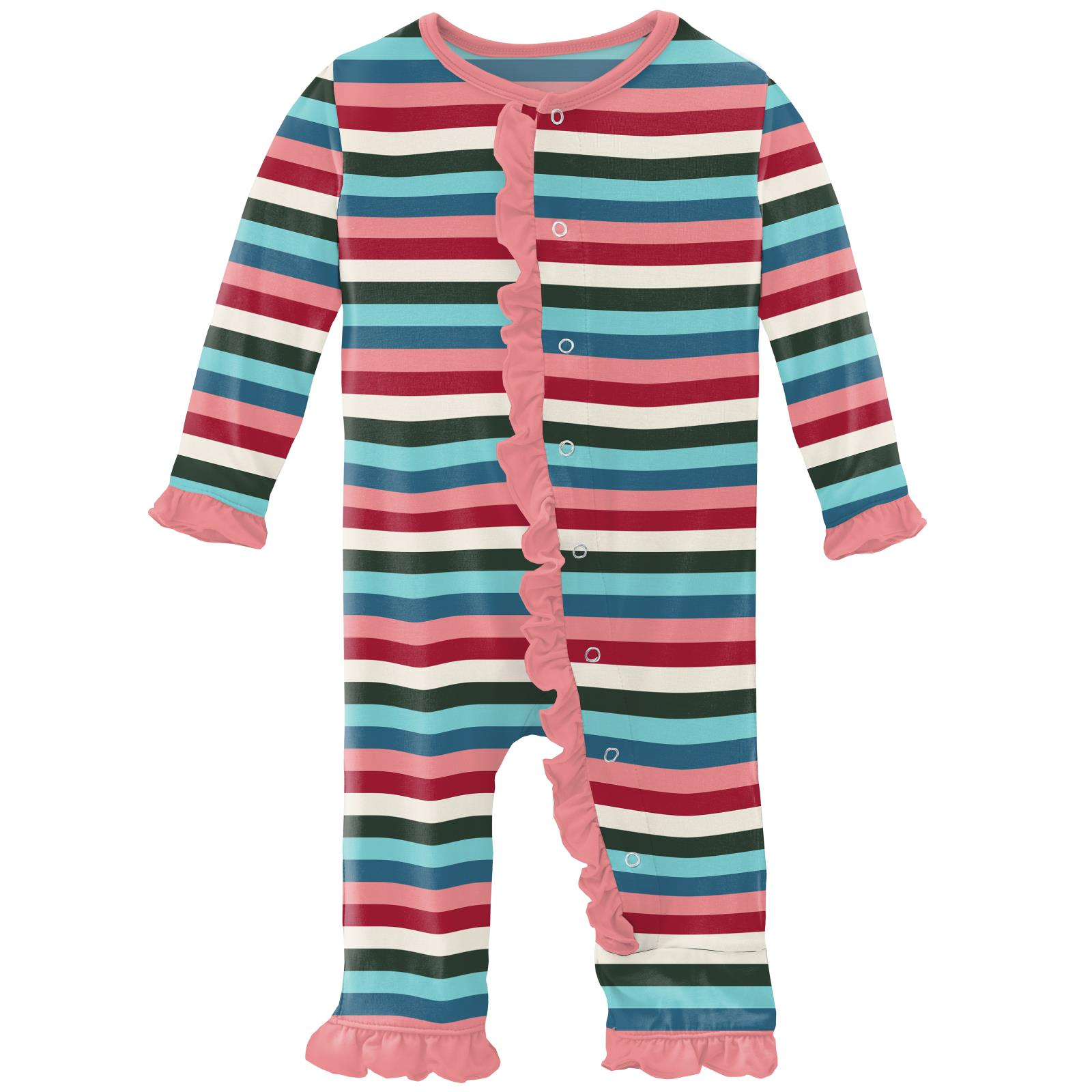 Snowball Multi Stripe Classic Ruffle Coverall With Snaps