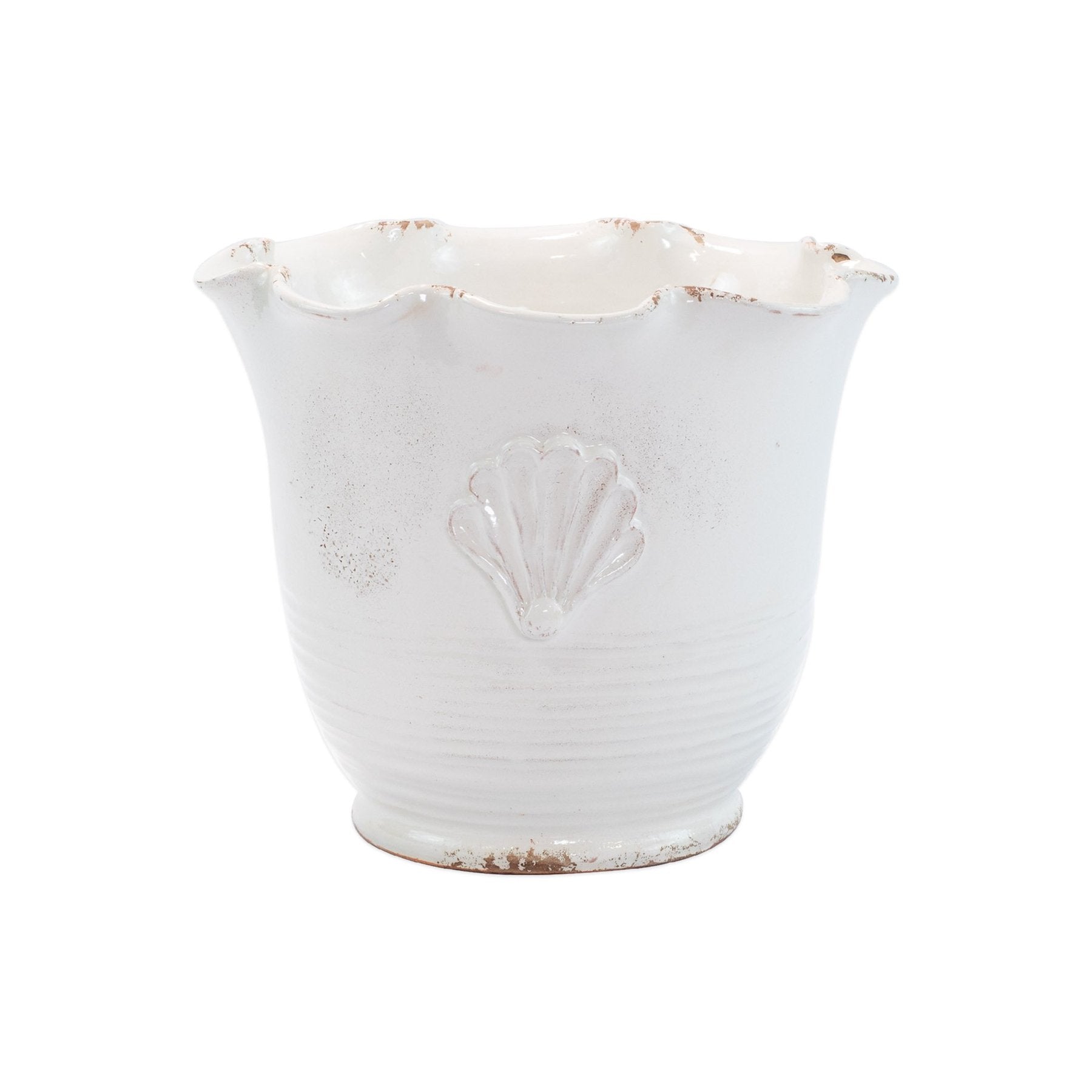 Rustic Garden White Small Scallop Planter w/ Emblem 