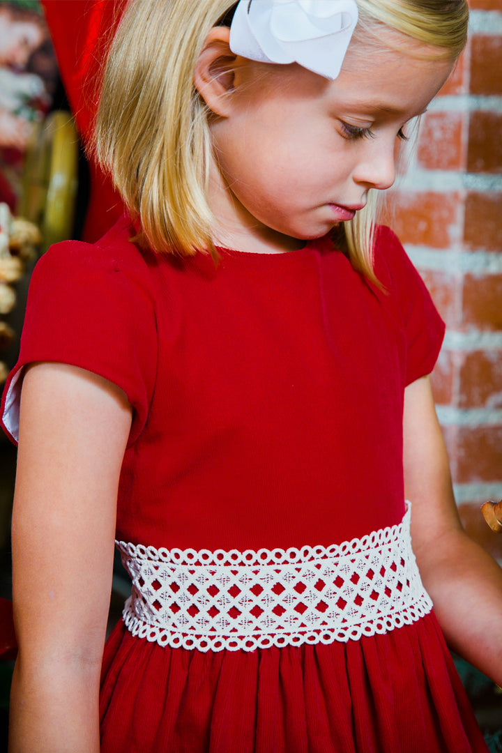 Ruby Red Corduroy & Ivory Lace Dress