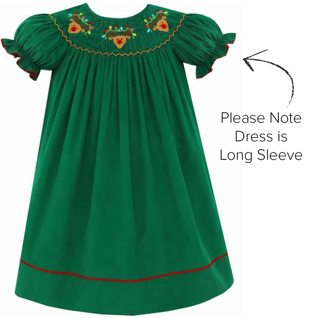 Kelly Green Corduroy Reindeer With Christmas Lights Bishop Dress