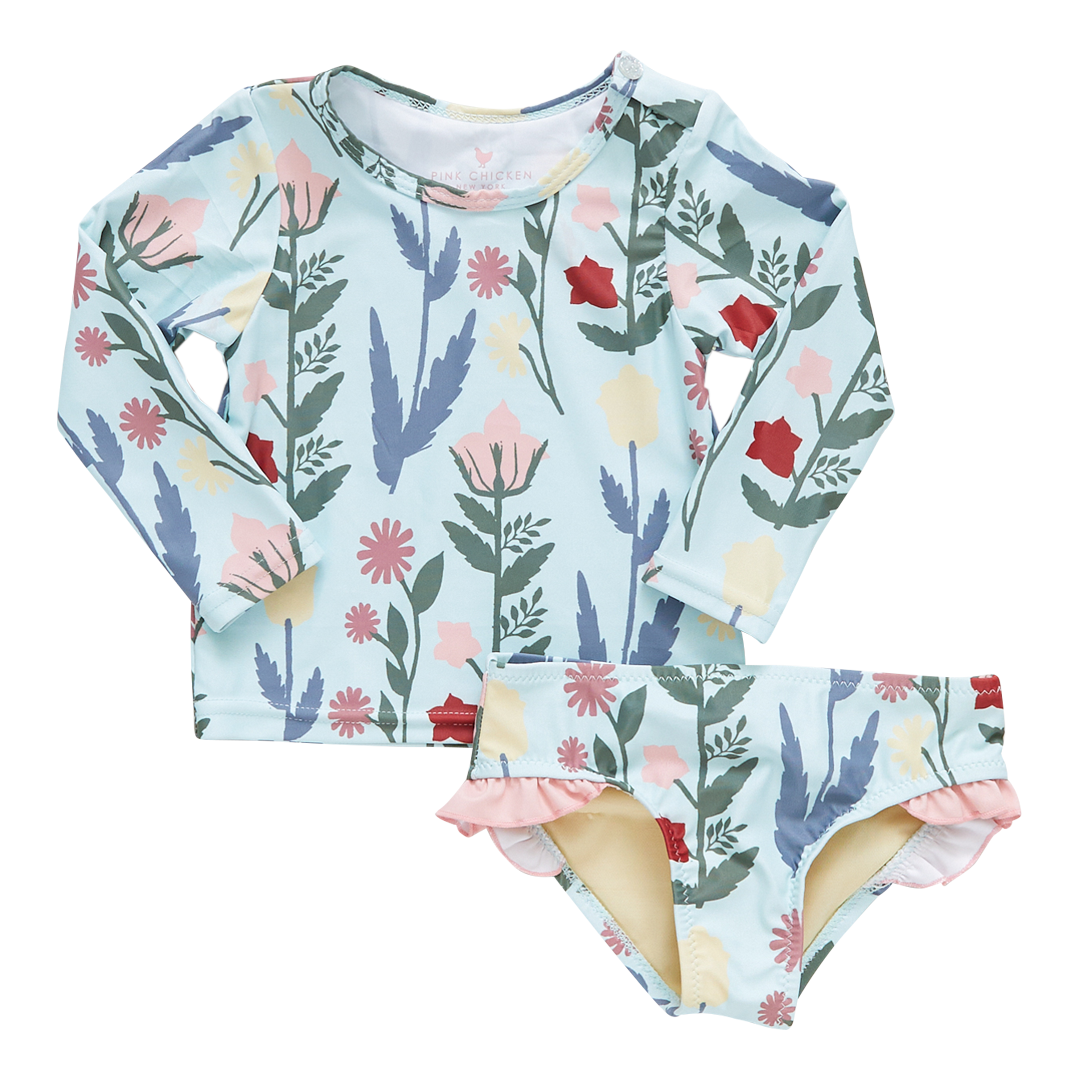 Baby & Girls Paper Floral Rash Guard Set