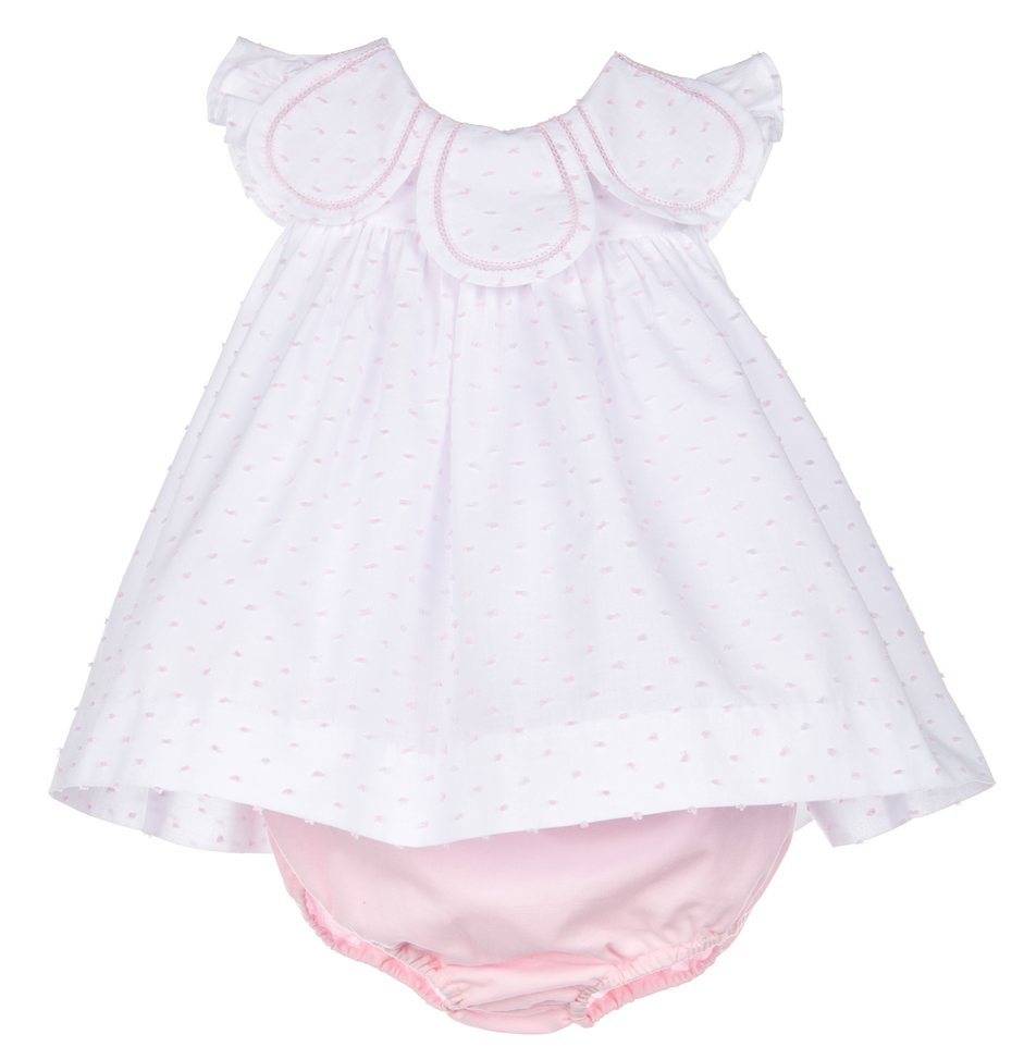 Pink Swiss Dot Petal Collar Bow Dress With Bloomers