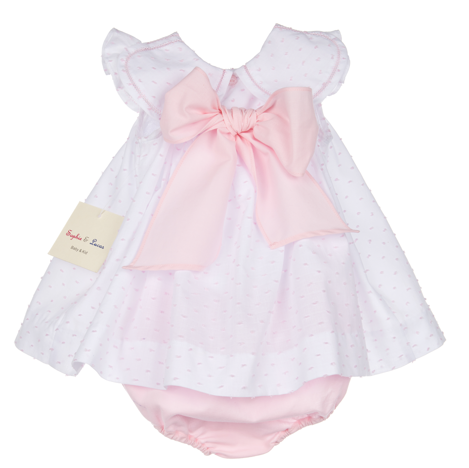 Pink Swiss Dot Petal Collar Bow Dress With Bloomers