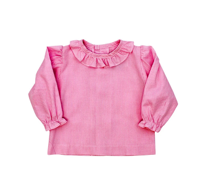 Pink Check Piped Shirt With Ruffle