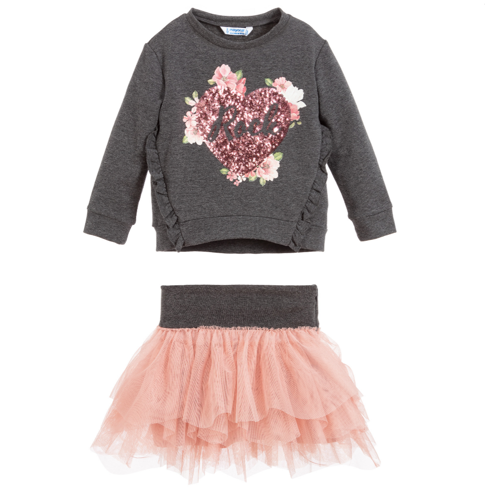 Grey & Pink Tulle Skirt Set 