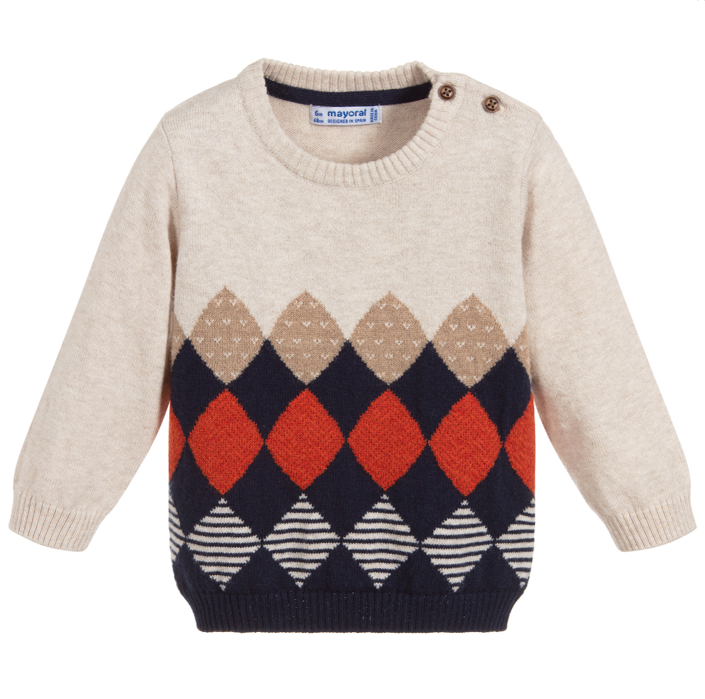 Beige Knitted Argyle Sweater