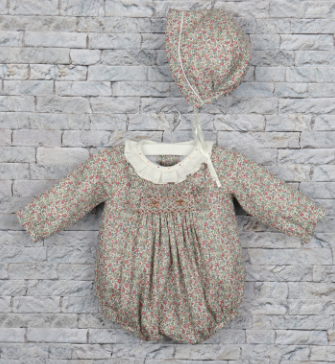 Floral Pink Smocked Bubble with Ruffles & Bonnet