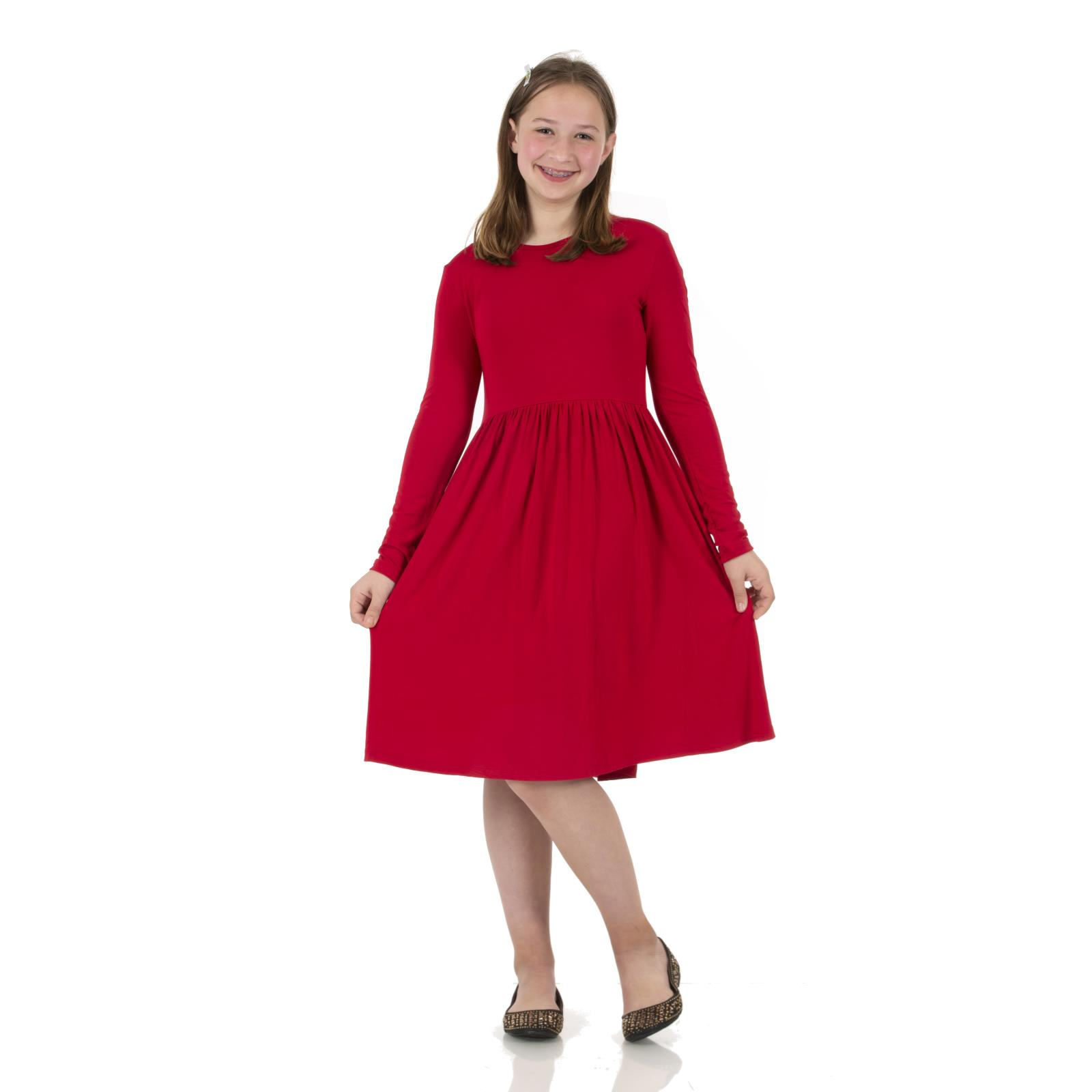 Crimson Solid Long Sleeve Twirl Dress