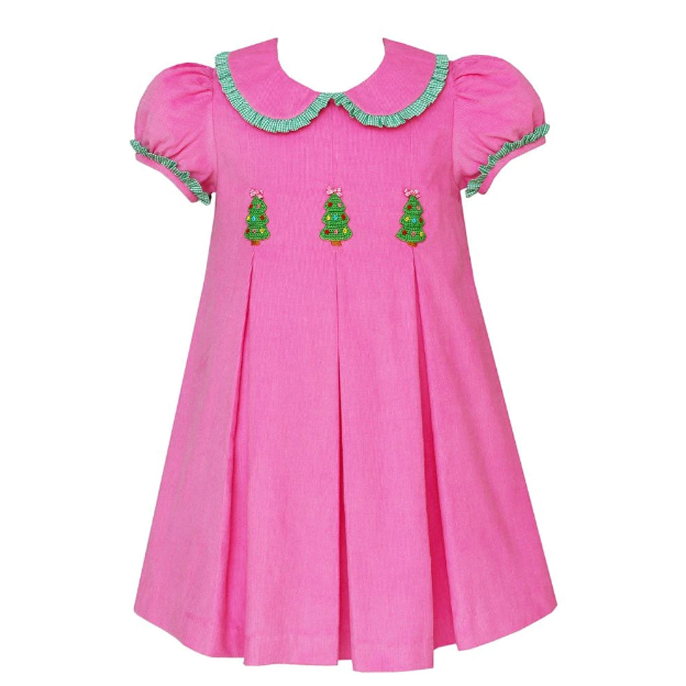 Bubblegum Pink Corduroy Christmas Tree Pleated Dress