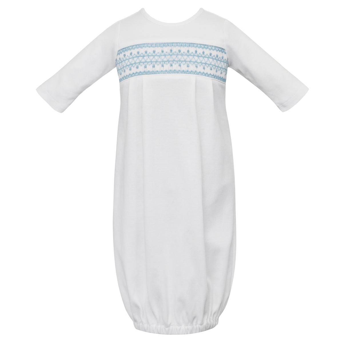 White Knit Alfred Sac With Light Blue Geometric Smocking