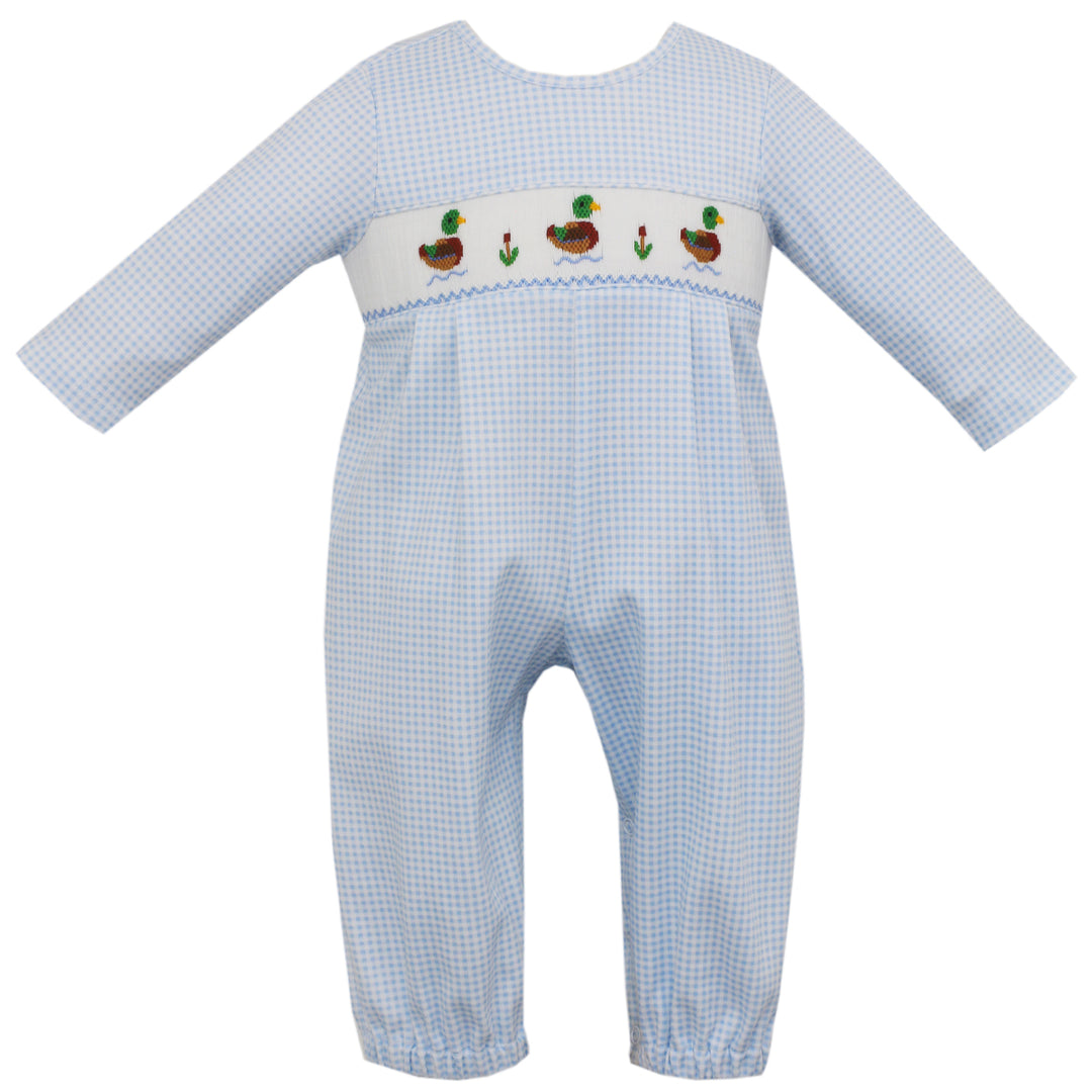 Light Blue Check Mallard Ducks Long Sleeve Knit Romper
