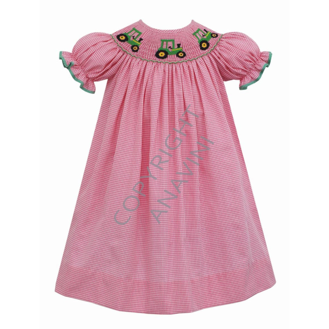 Hot Pink Mini Check Smocked Tractors Bishop Dress