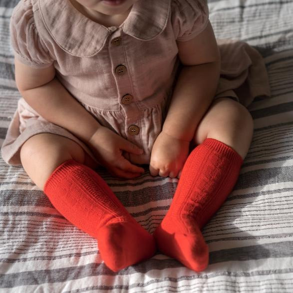 Bright Red Cable Knit Knee High Socks