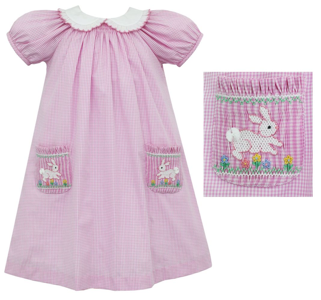 Pink Bunny Garden Mini Gingham Dress With Smocked Pockets