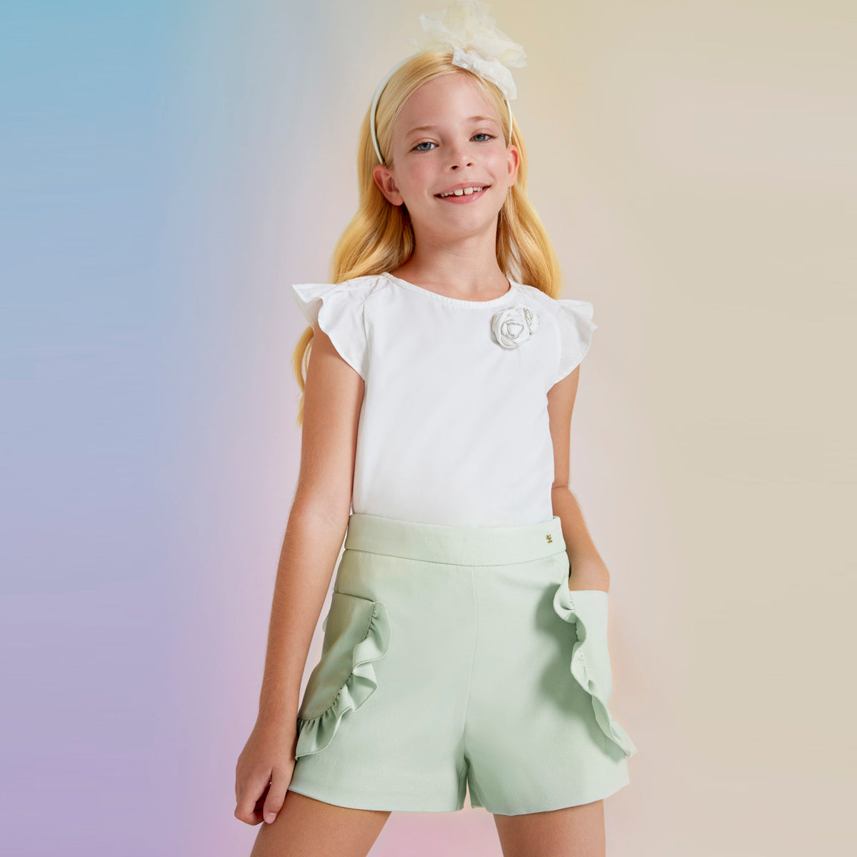 Mint Ruffled Crepe Shorts