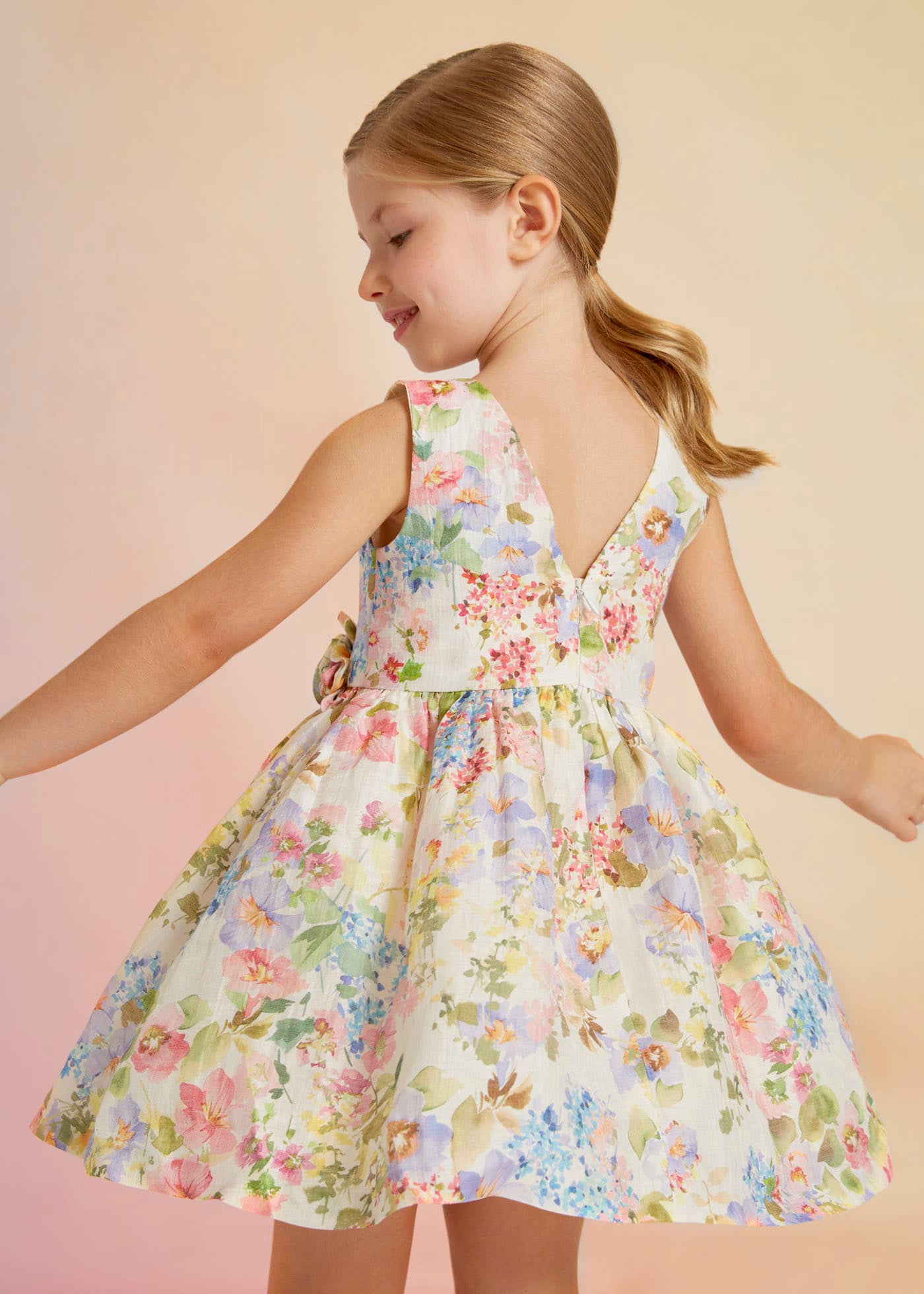 Girls Floral Printed Linen Dress