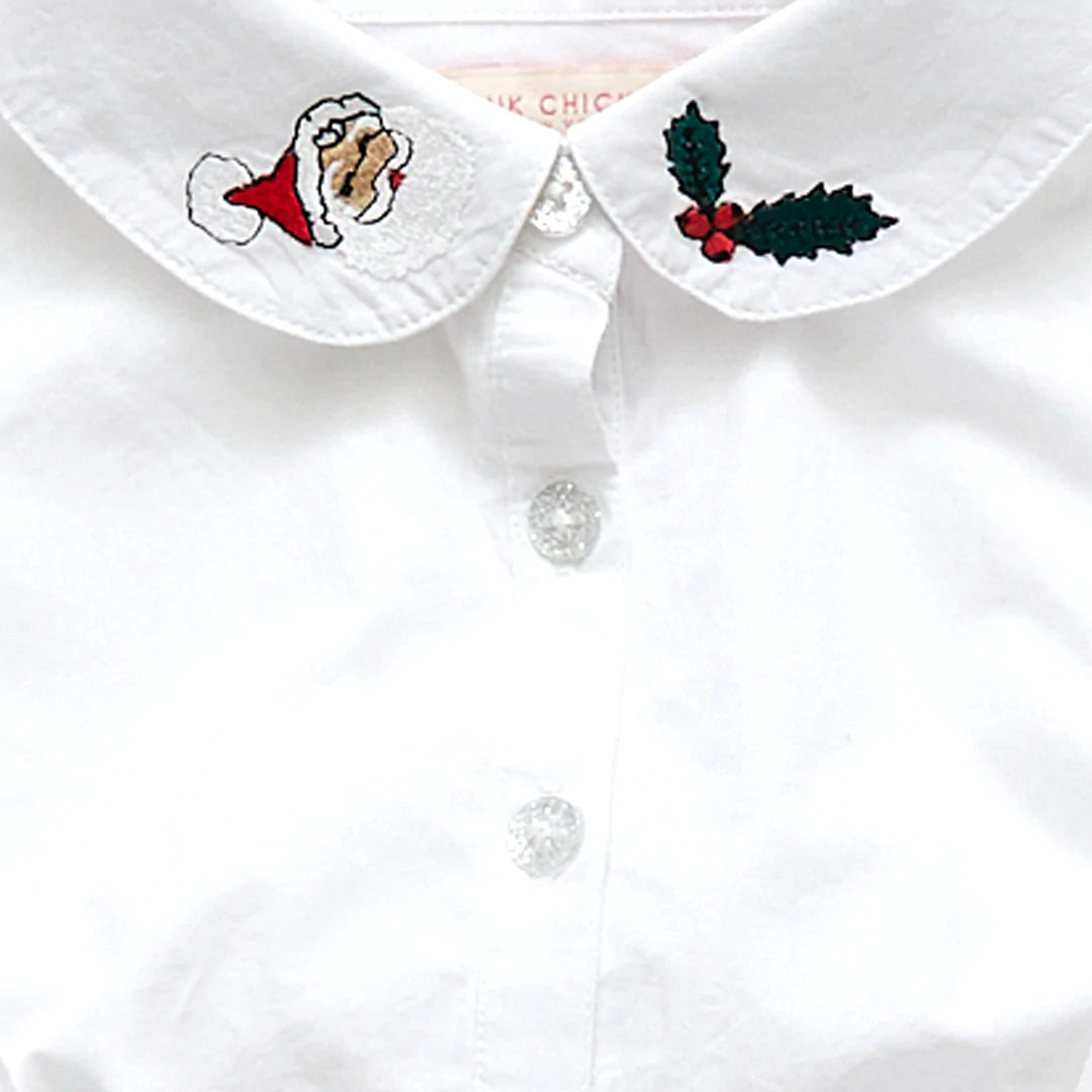 White Holiday Embroidery Collar Bodysuit
