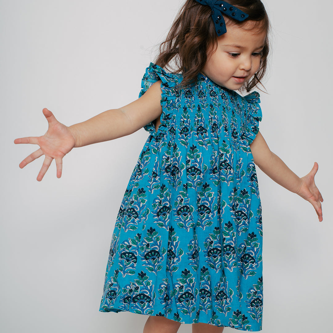 Azure Posey Block Print Baby Stevie Dress Set