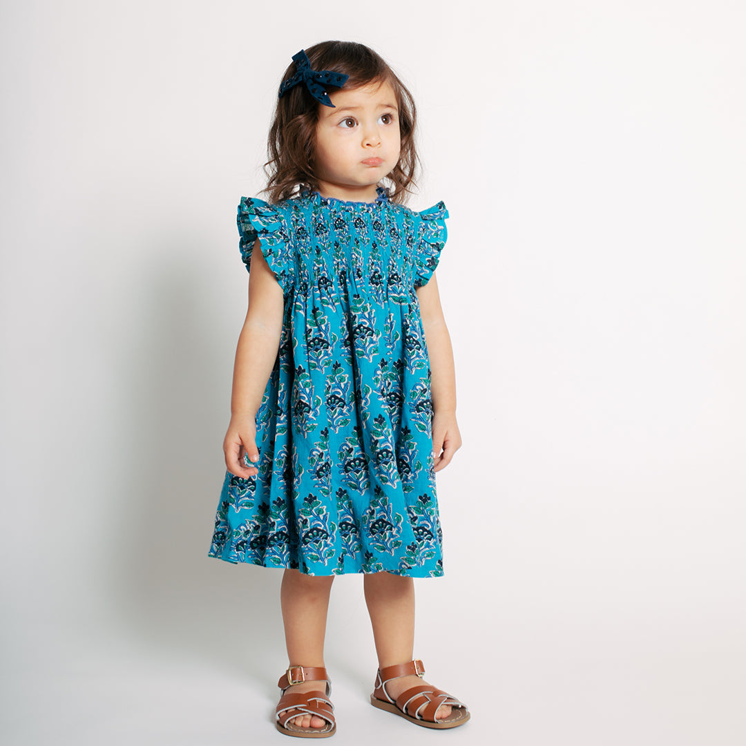 Azure Posey Block Print Baby Stevie Dress Set
