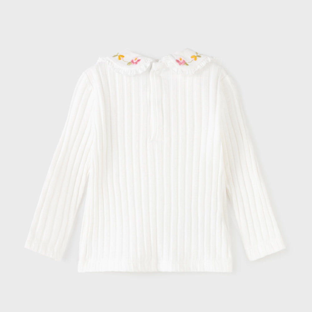 Natural Long Sleeve Polo With Floral Collar