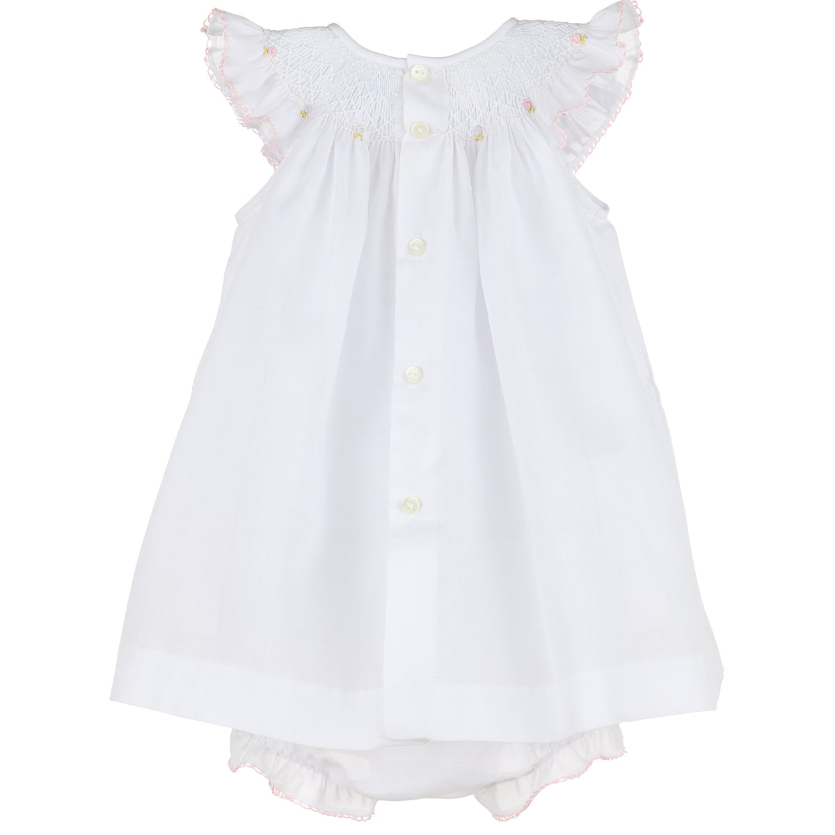 White Bullion Flowers Smocked Bishop Dress