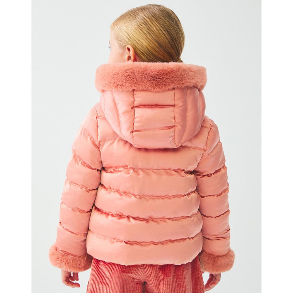 Blush Satin Coat With Faux Fur Trim
