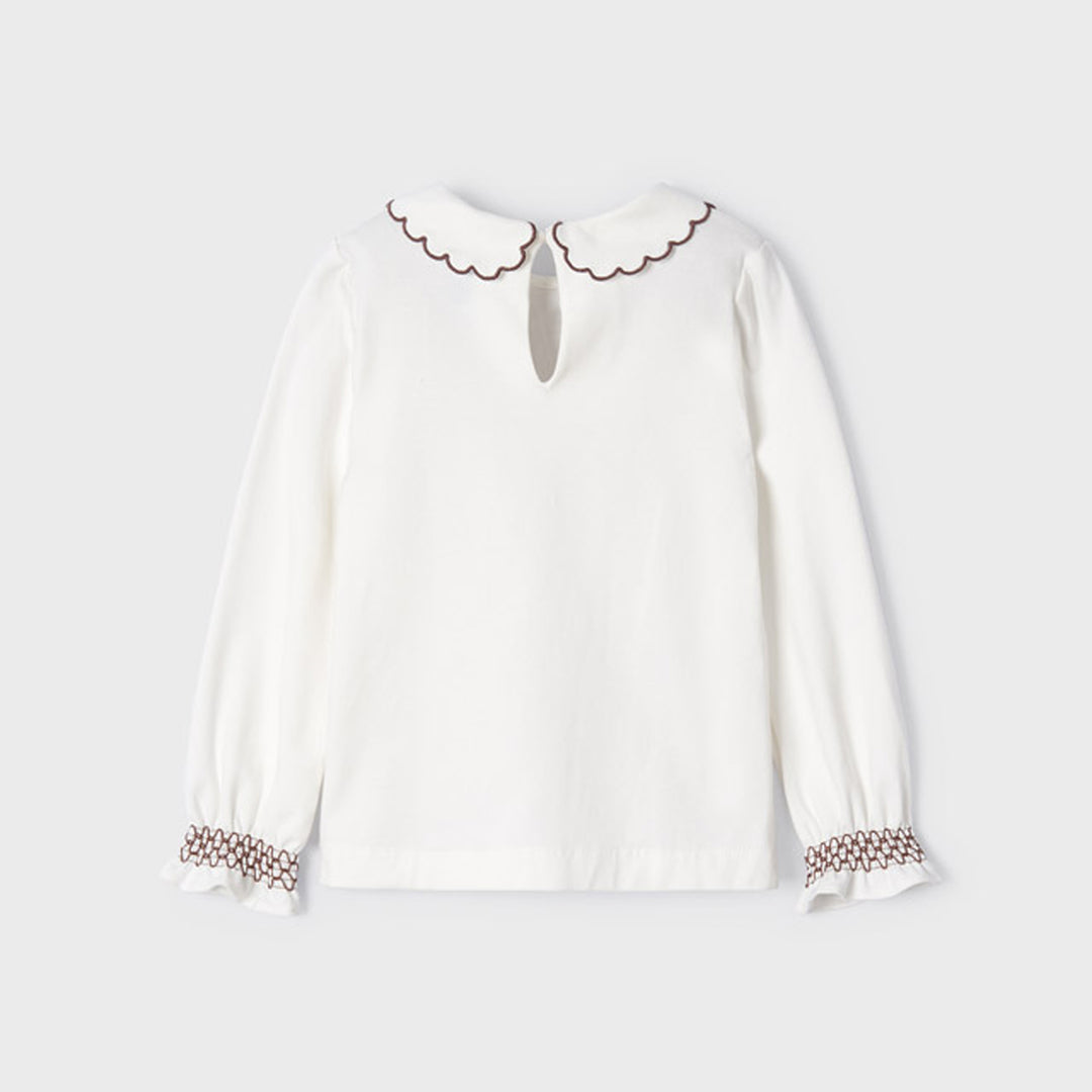 Natural Embroidered Knit Long Sleeve Blouse