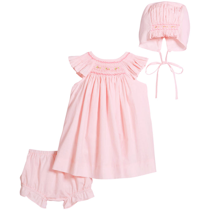 Pink Rosebud Smocked Bishop Dress With Bonnet & Bloomers