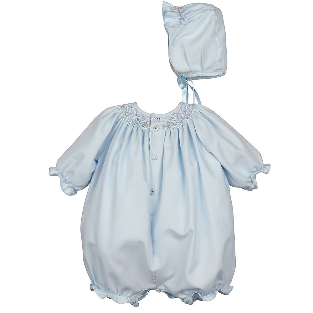 Blue Smocked Bubble with Bonnet
