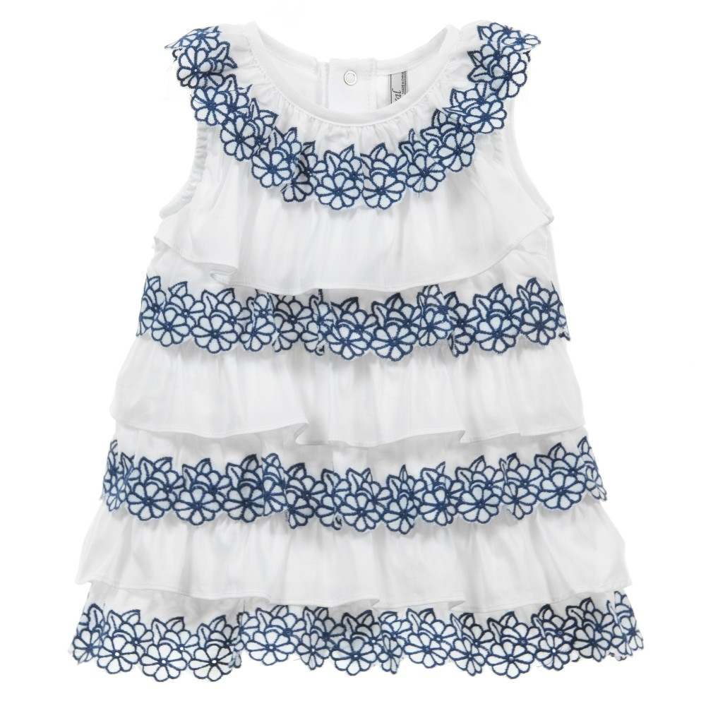 White & Navy Blue Embroidered Ruffle Dress
