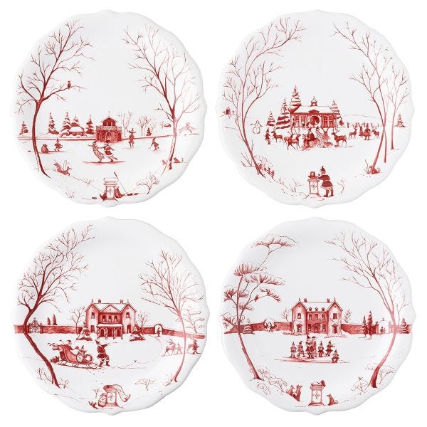Country Estate Winter Frolic "Mr. & Mrs. Claus" Ruby Party Plates - Set/4