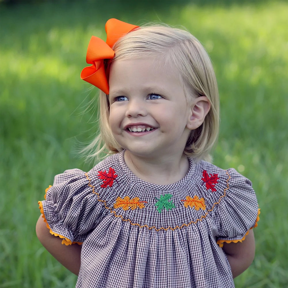 Brown Check Fall Leaves Short Sleeve Bishop Dress