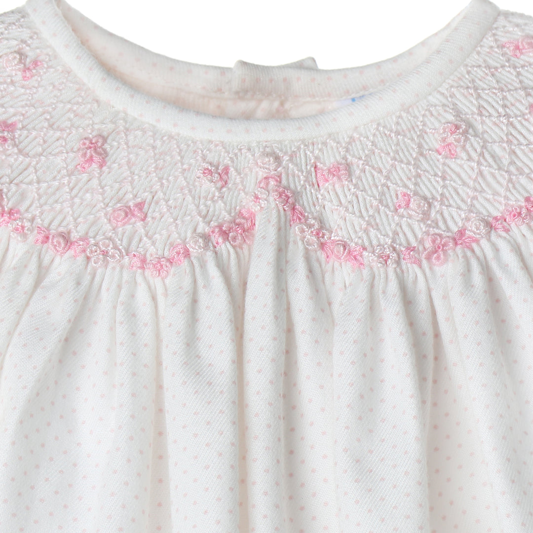 Smocked Pink Dot Bishop Dress With Bloomers