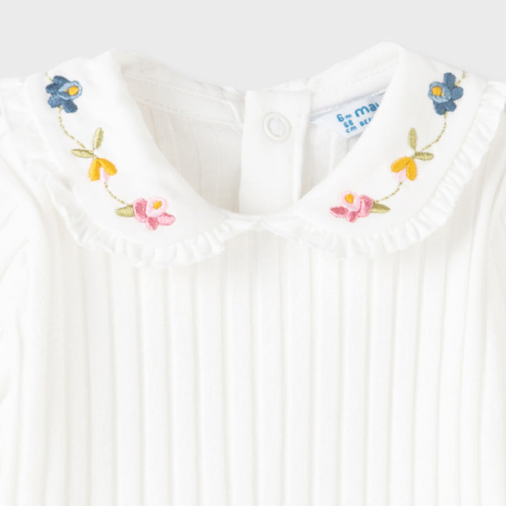 Natural Long Sleeve Polo With Floral Collar