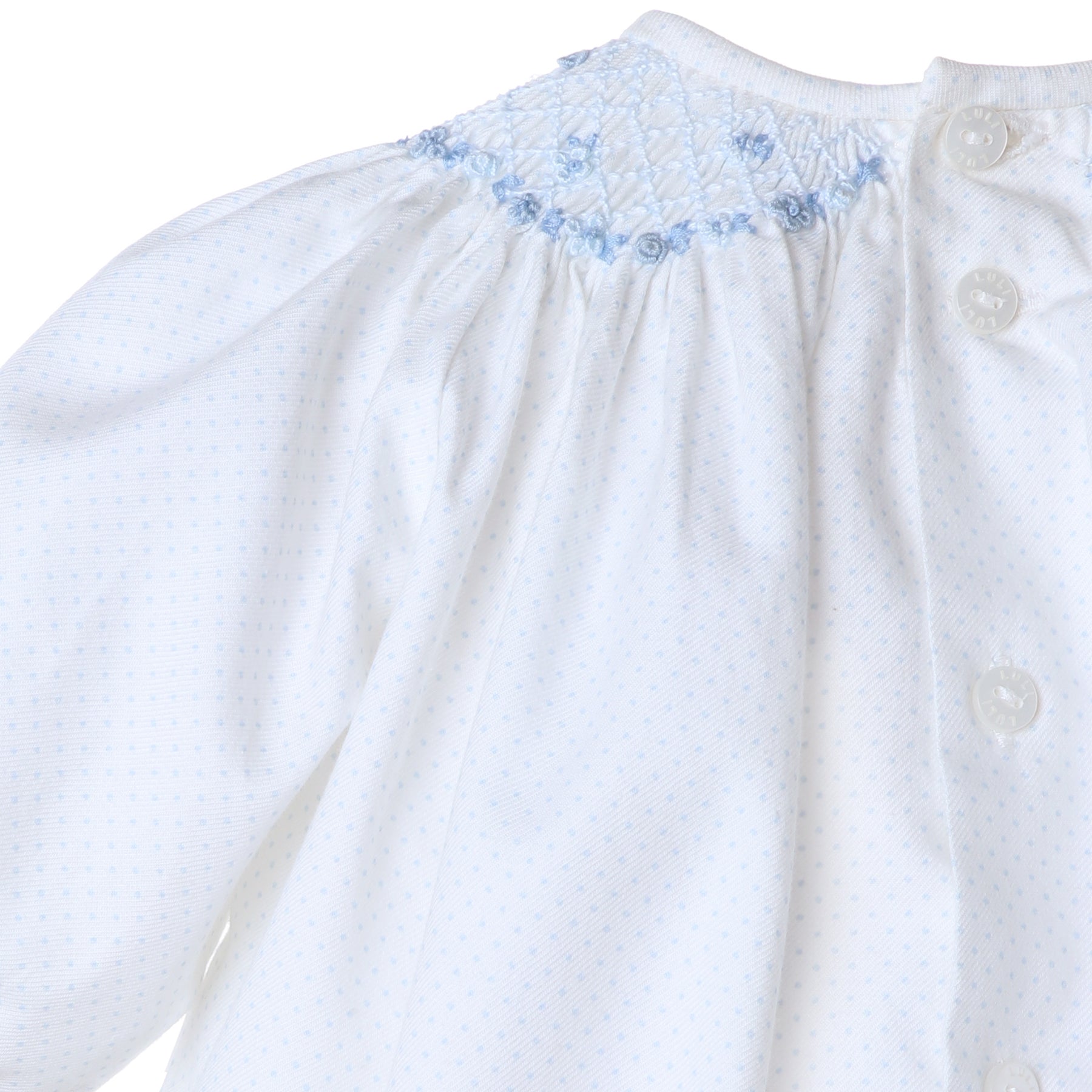White & Blue Dot Smock Collar Bubble