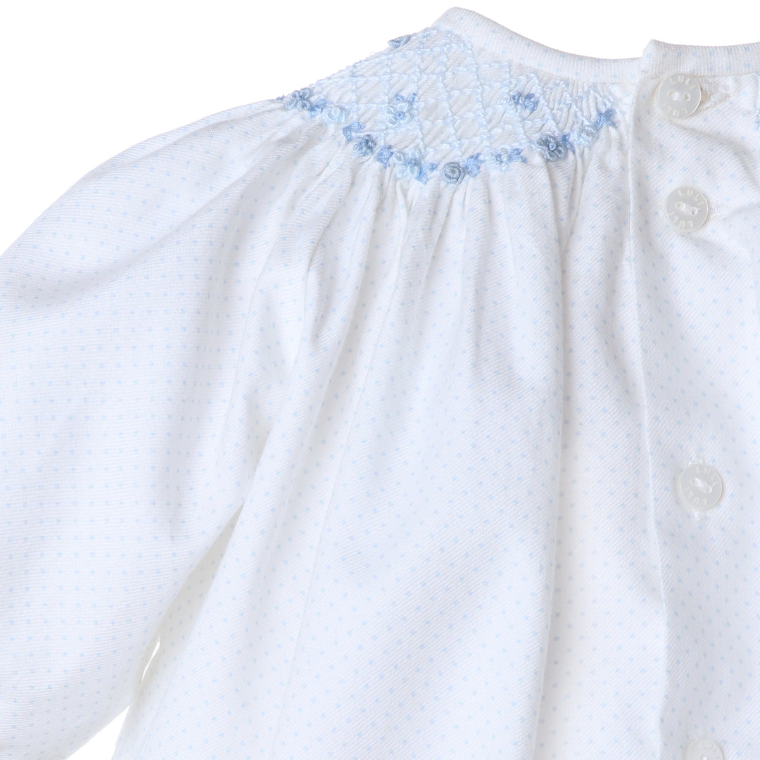 White & Blue Dot Smock Collar Bubble