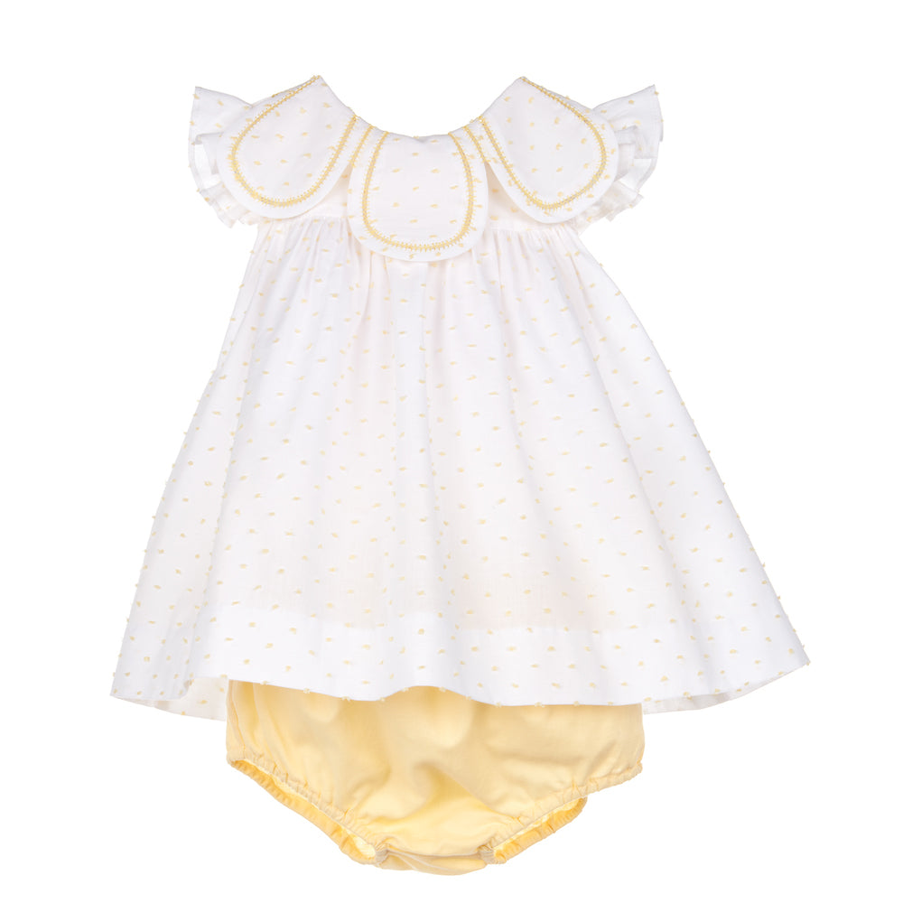 Yellow Swiss Dot Petal Collar Bow Dress With Bloomers