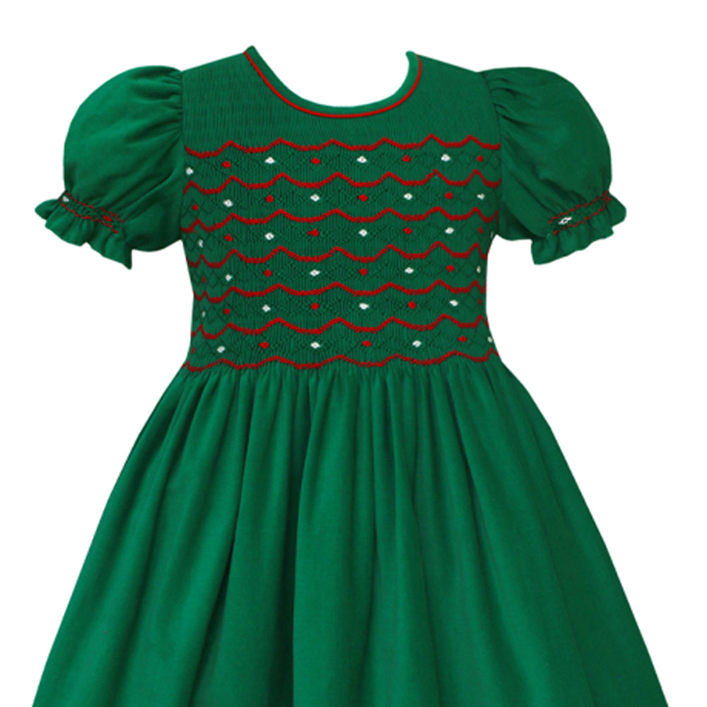 Green Christmas Smocked Dress with Red Bow