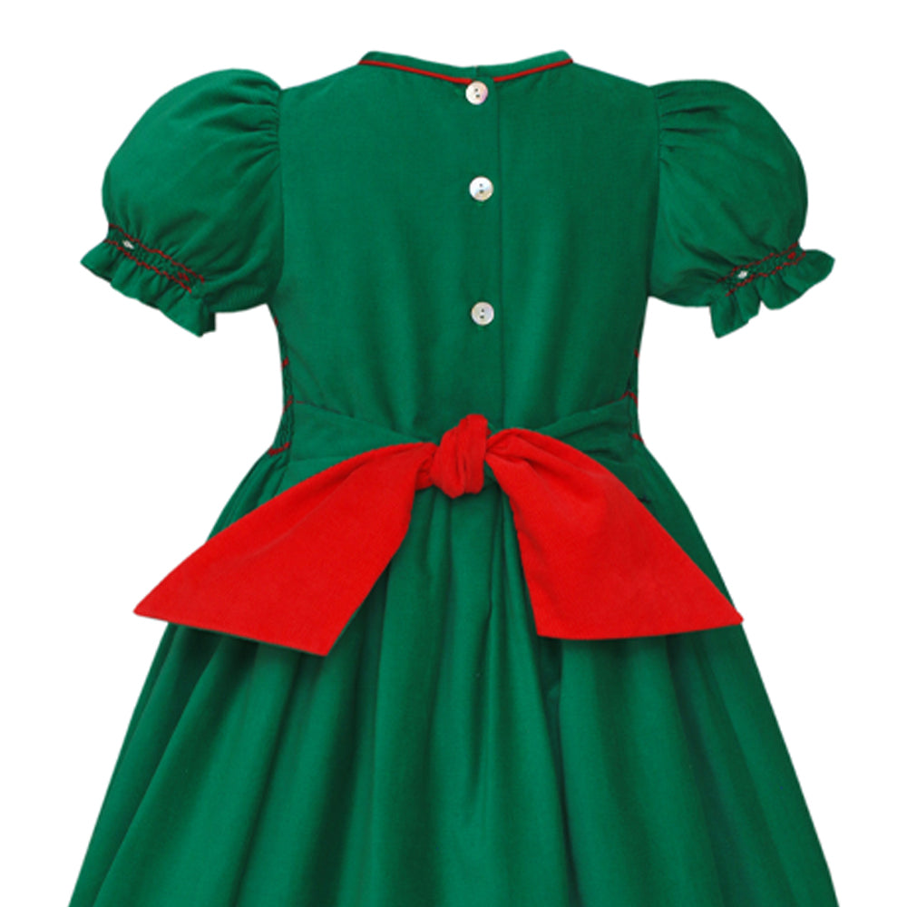 Green Christmas Smocked Dress with Red Bow