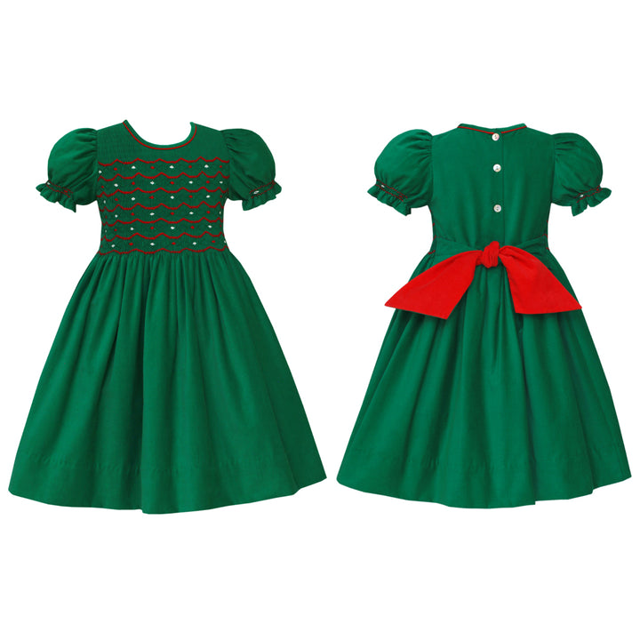 Green Christmas Smocked Dress with Red Bow