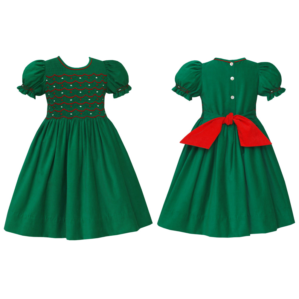 Green Corduroy Smocked Dress with Red Bow