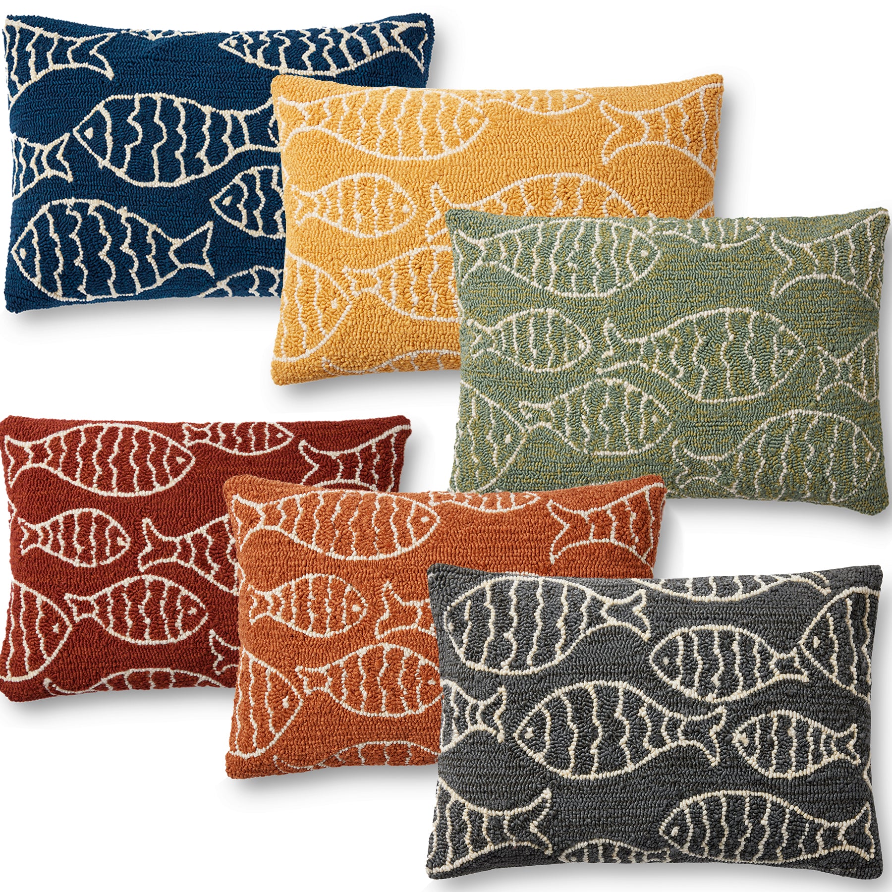 In/Out Hand Hooked Fish Pattern Decorative Lumbar Pillow